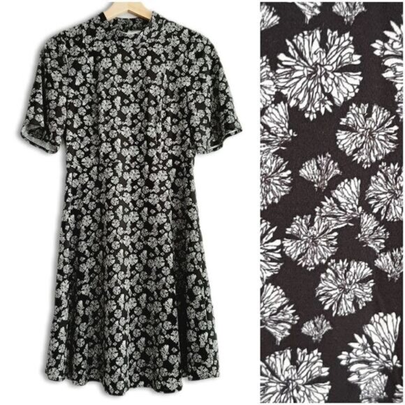 H&M Floral High Neck Mini Dress Flowy Lightweight B&W Sz 6 - Picture 1 of 15